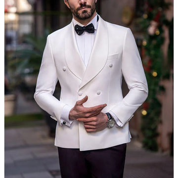 Aidase White Blazer Double Breasted Men Suit Two Pieces(Jacket+Black Pants) Lapel Outfits Chic Casual Party Prom Wedding Set aidase-shop